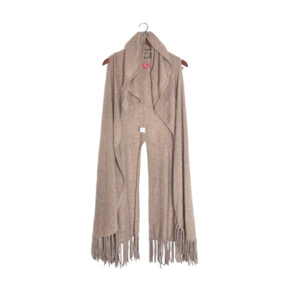 Elaine Turner Iris Open Front Fringe Hem Long Duster Oatmeal Cashmere Knit Vest